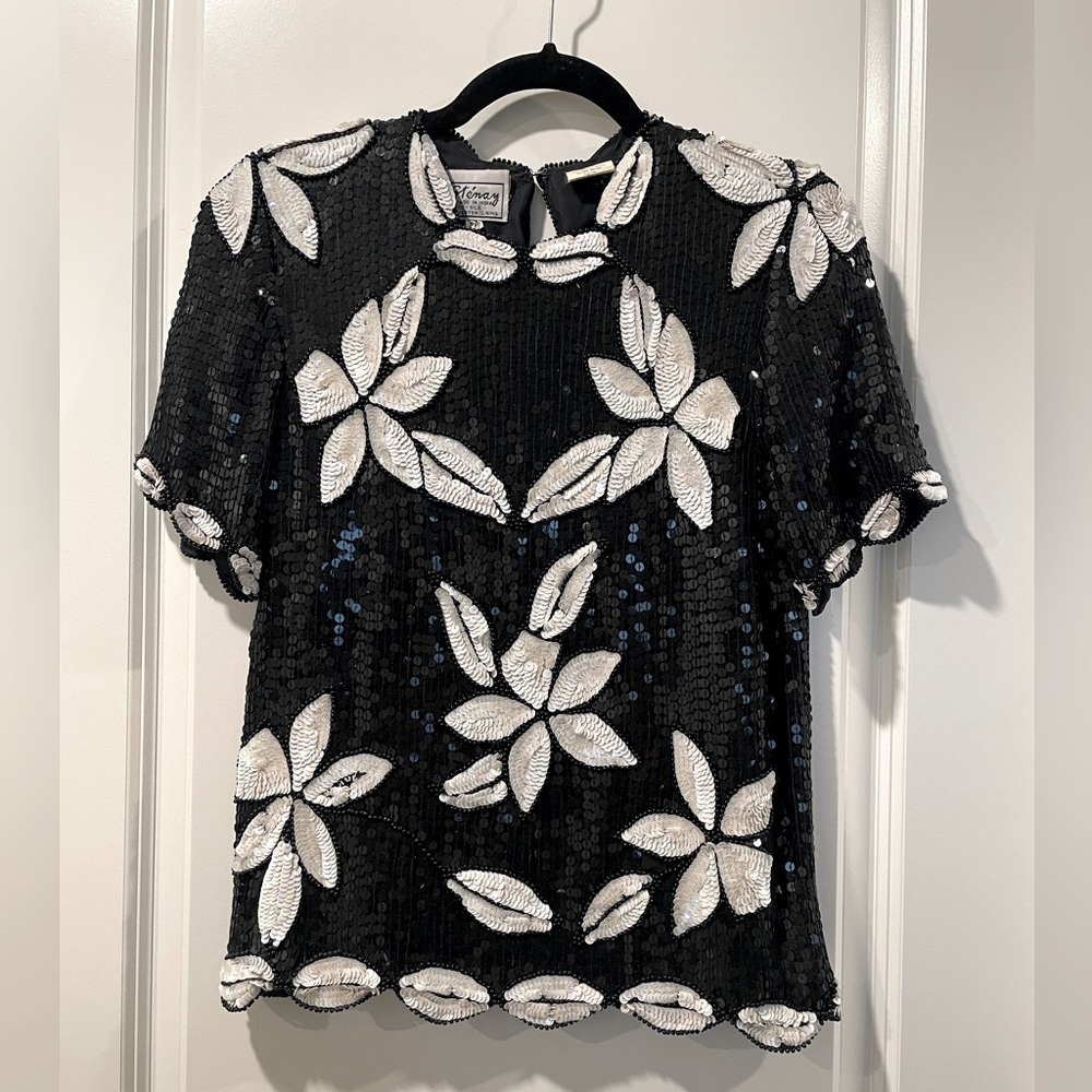 STENAY Black & White Floral, Sequined Top, Size Small